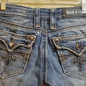 Rock Revival Sora Bootcut Jeans, Embroidered Fleur de Lis, Size 26